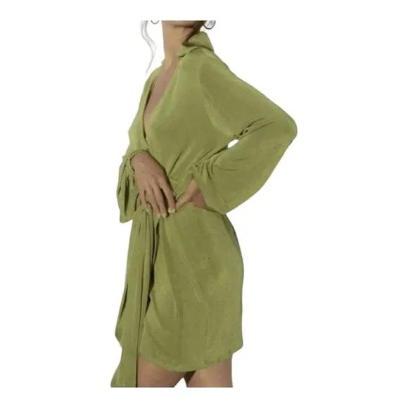 Princess Polly Sexy Flowy Feminine Green Wrap Size 4 Long Sleeve Mini Dress - Picture 3 of 10